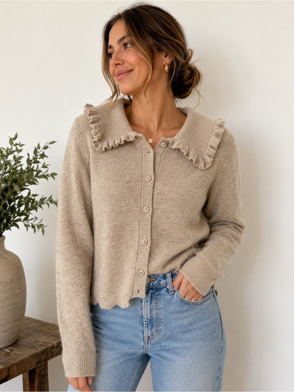 Marled Reunited Clothing Ruffled Collar Knit Cardigan – Size M